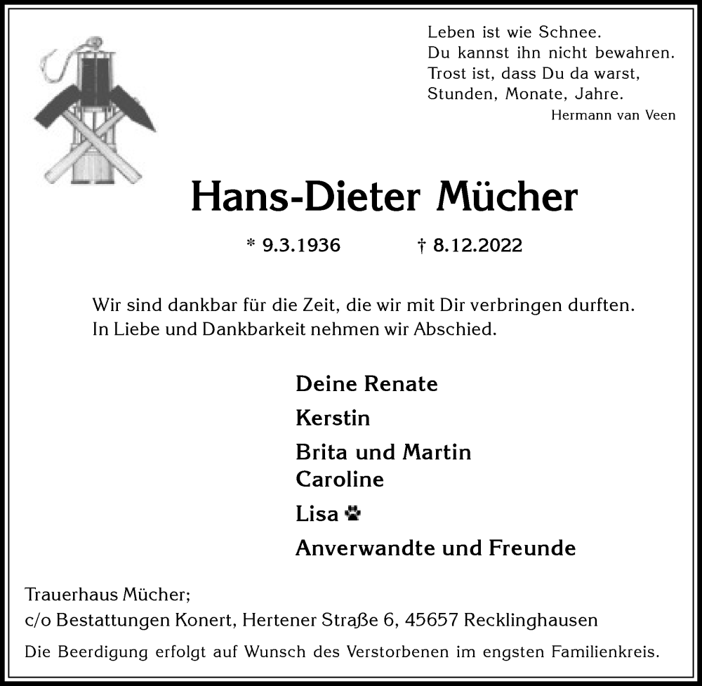  Traueranzeige für Hans-Dieter Mücher vom 10.12.2022 aus Medienhaus Bauer