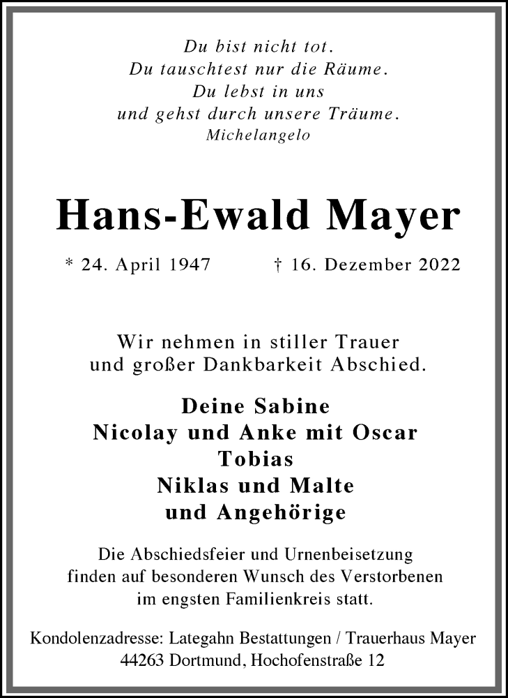  Traueranzeige für Hans-Ewald Mayer vom 24.12.2022 aus 