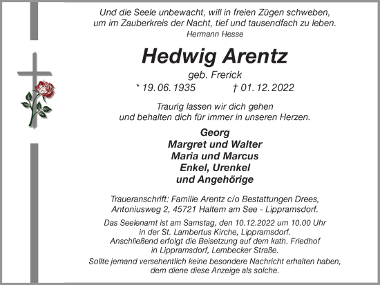 Traueranzeige von Hedwig Arentz von Ruhr Nachrichten und Halterner Zeitung