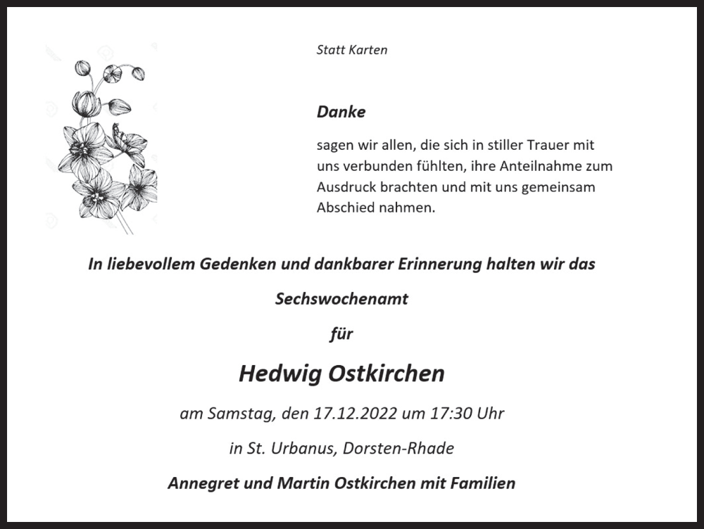  Traueranzeige für Hedwig Ostkirchen vom 13.12.2022 aus Ruhr Nachrichten und Dorstener Zeitung