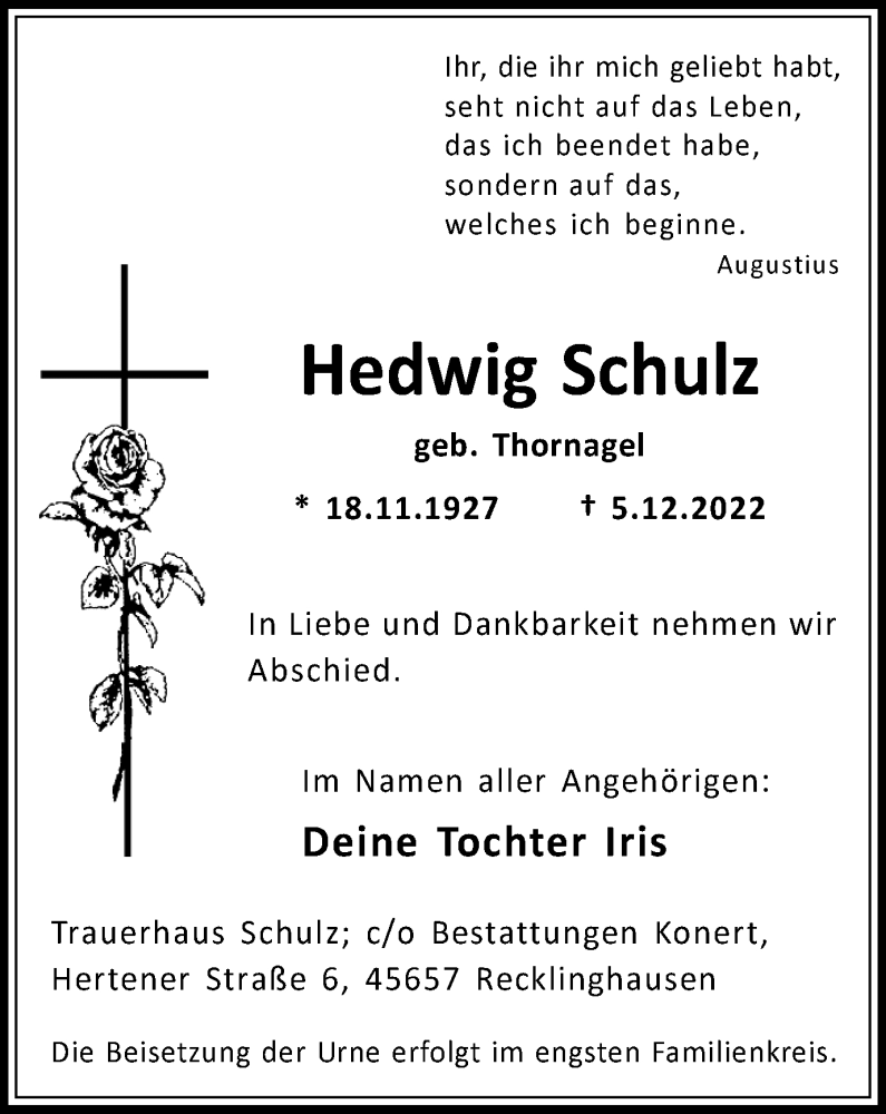  Traueranzeige für Hedwig Schulz vom 28.12.2022 aus Medienhaus Bauer