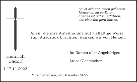 Traueranzeige von Heinrich Bädorf von Medienhaus Bauer