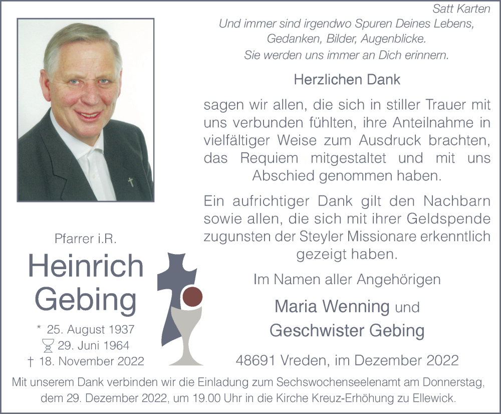  Traueranzeige für Heinrich Gebing vom 27.12.2022 aus Münstersche Zeitung und Münsterland Zeitung