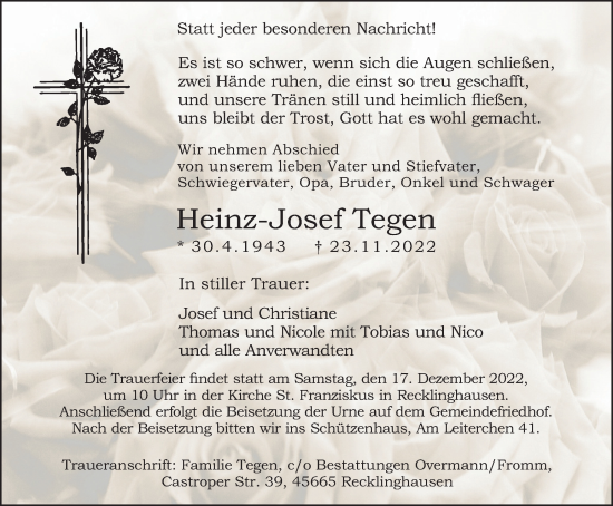 Traueranzeige von Heinz-Josef Tegen von Medienhaus Bauer