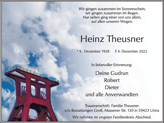 Traueranzeige von Heinz Theusner von Hellweger Anzeiger