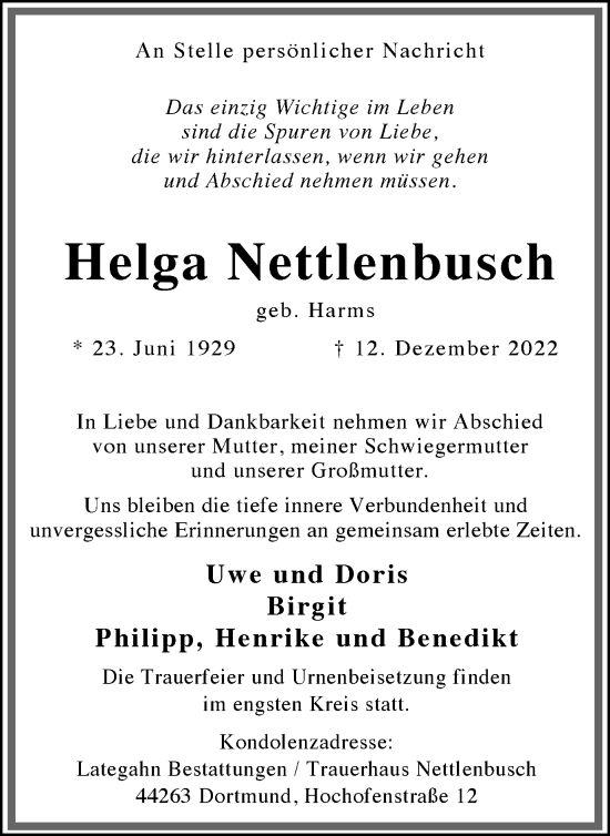 Traueranzeige von Helga Nettlenbusch 