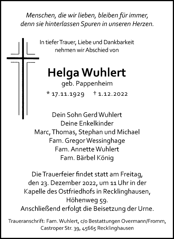  Traueranzeige für Helga Wuhlert vom 17.12.2022 aus Medienhaus Bauer