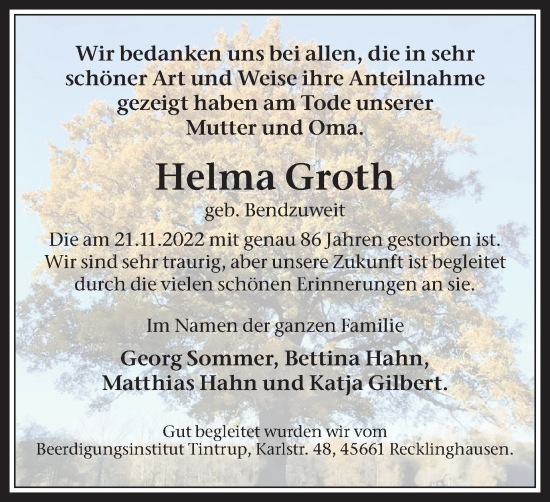 Traueranzeige von Helma Groth von Medienhaus Bauer