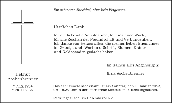 Traueranzeige von Helmut Aschenbrenner von Medienhaus Bauer