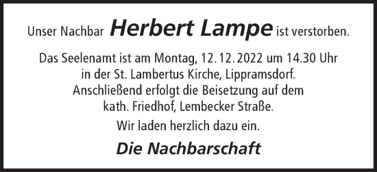 Traueranzeige von Herbert Lampe von Ruhr Nachrichten und Halterner Zeitung