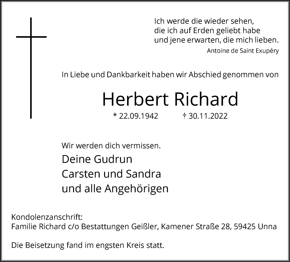  Traueranzeige für Herbert Richard vom 10.12.2022 aus Hellweger Anzeiger
