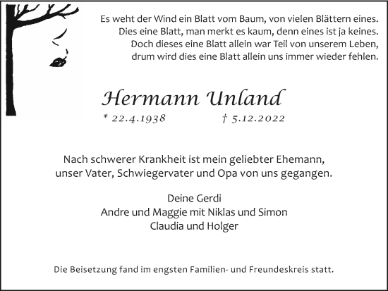 Traueranzeige von Hermann Unland von Medienhaus Bauer