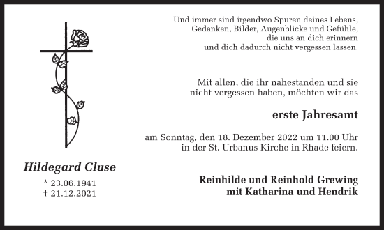 Traueranzeige von Hildegard Cluse von Ruhr Nachrichten und Dorstener Zeitung