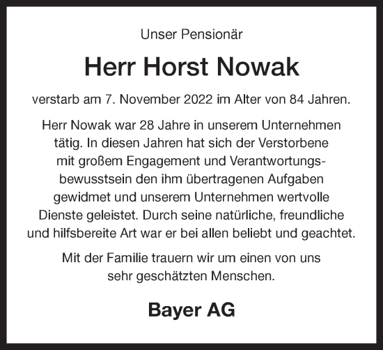 Traueranzeige von Horst Nowak von Hellweger Anzeiger