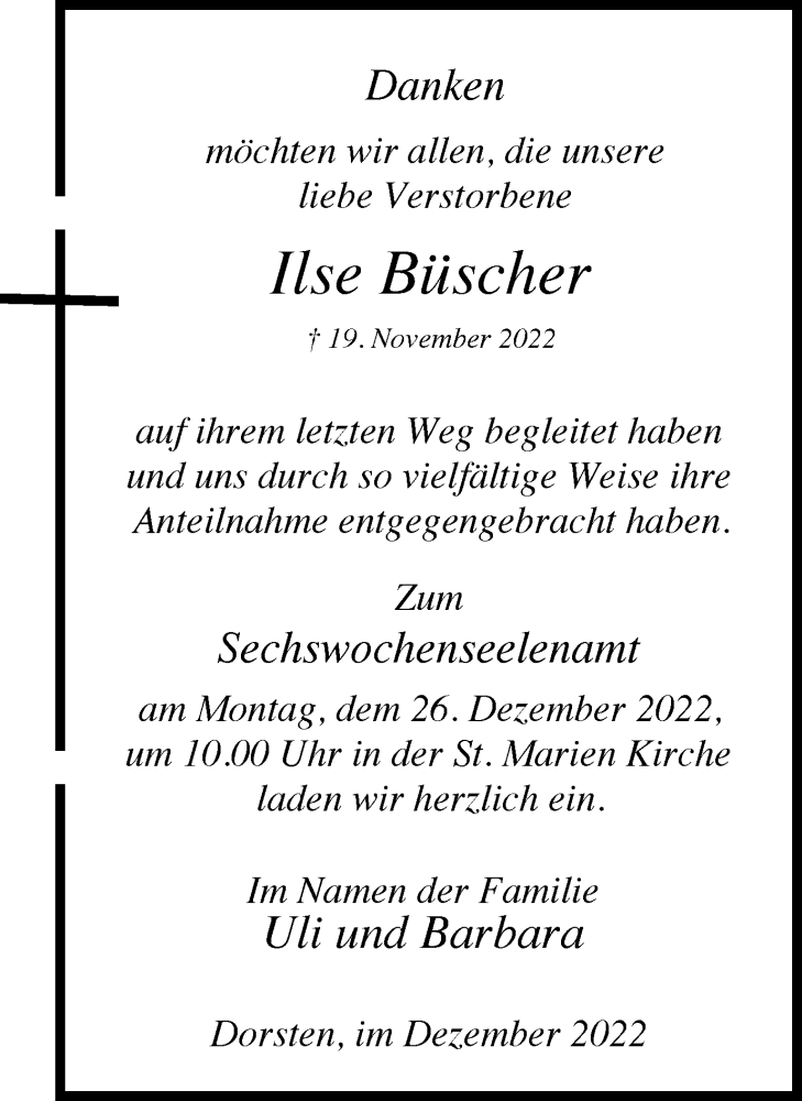  Traueranzeige für Ilse Büscher vom 23.12.2022 aus Ruhr Nachrichten und Dorstener Zeitung