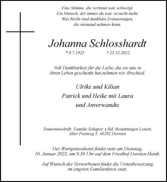 Traueranzeige von Johanna Schlosshardt von Ruhr Nachrichten und Dorstener Zeitung