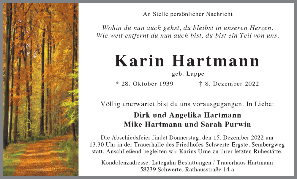  Traueranzeige für Karin Hartmann vom 10.12.2022 aus Ruhr Nachrichten