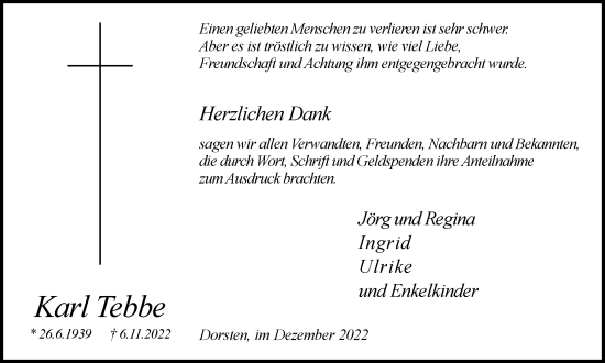 Traueranzeige von Karl Tebbe von Ruhr Nachrichten und Dorstener Zeitung