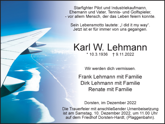 Traueranzeige von Karl W. Lehmann von Ruhr Nachrichten und Dorstener Zeitung