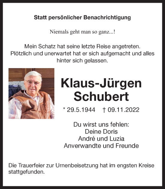 Traueranzeige von Klaus-Jürgen Schubert von Hellweger Anzeiger