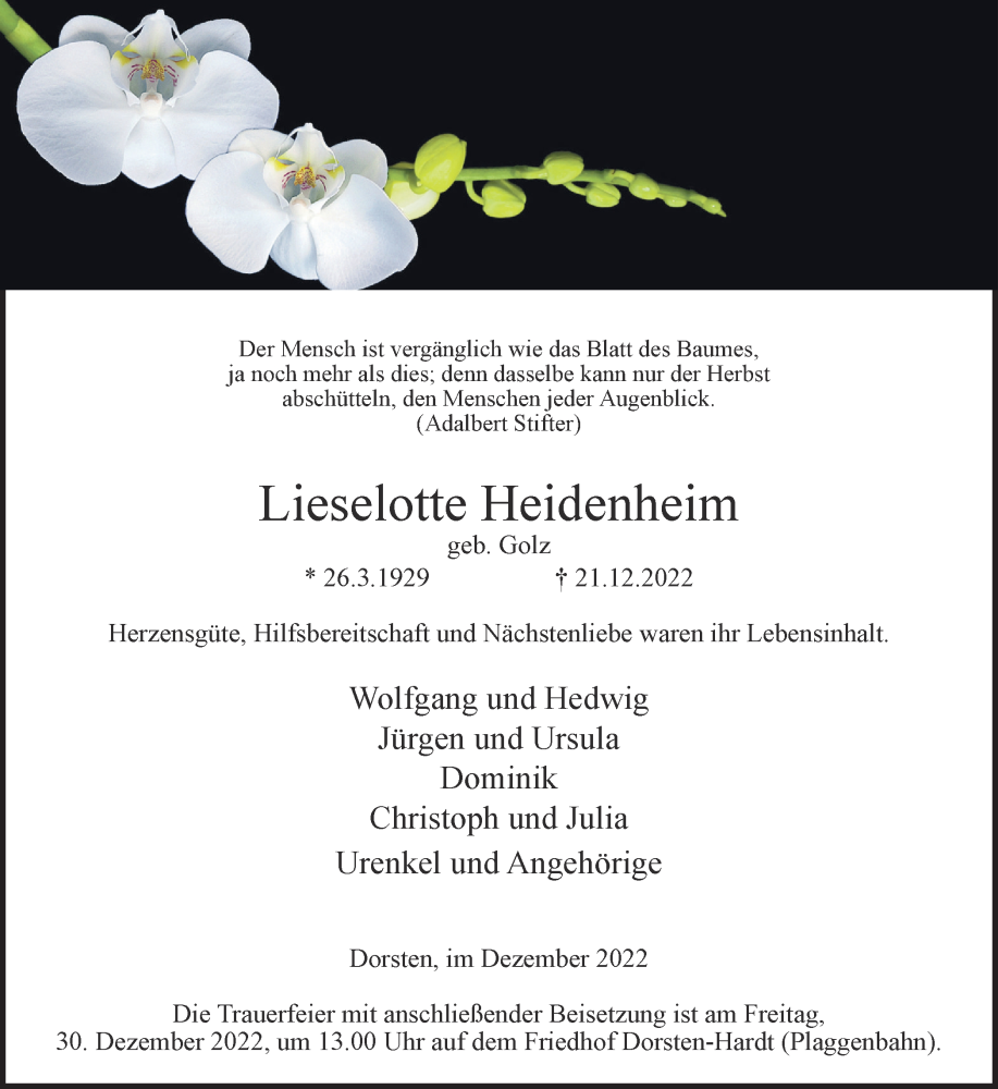  Traueranzeige für Lieselotte Heidenheim vom 24.12.2022 aus Ruhr Nachrichten und Dorstener Zeitung