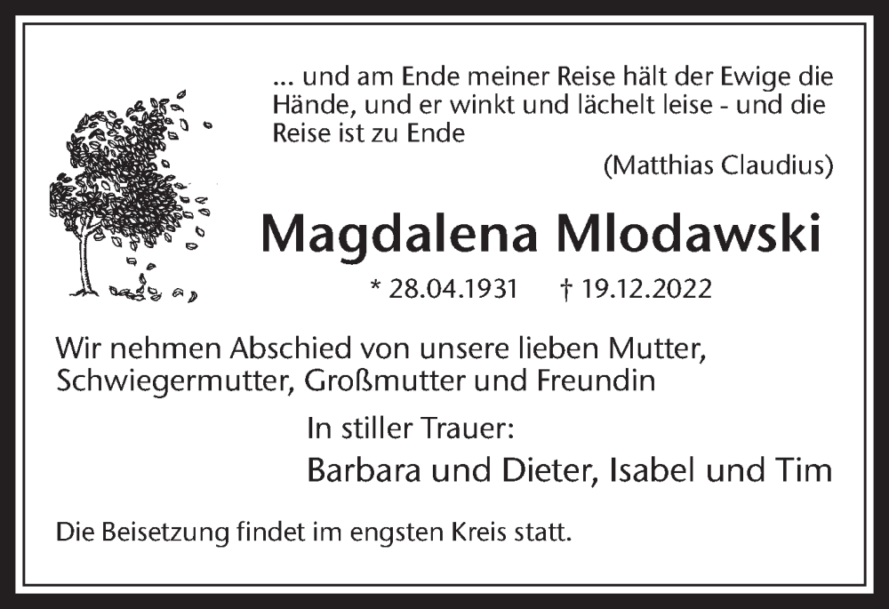  Traueranzeige für Magdalena Mlodawski vom 31.12.2022 aus Medienhaus Bauer