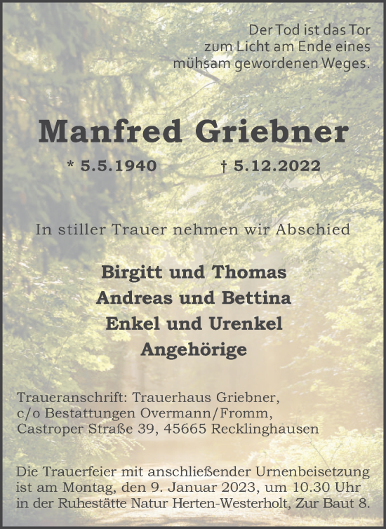 Traueranzeige von Manfred Griebner von Medienhaus Bauer