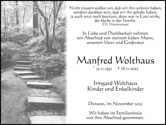 Traueranzeige von Manfred Wokhaus von Ruhr Nachrichten und Dorstener Zeitung