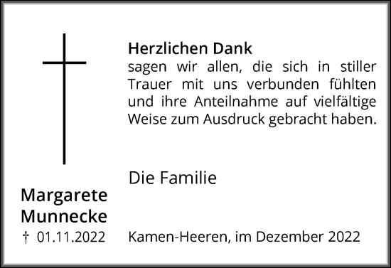 Traueranzeige von Margarete Munnecke von Hellweger Anzeiger