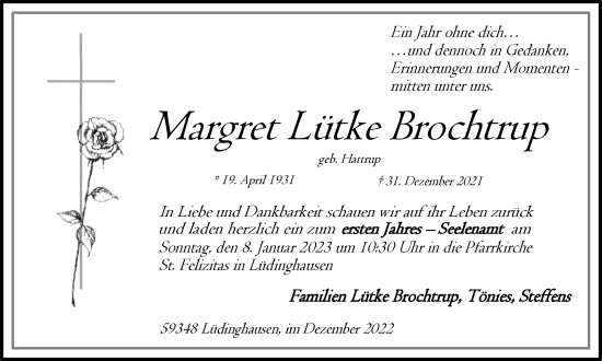 Traueranzeige von Margret Lütke Brochtrup von Ruhr Nachrichten