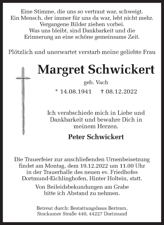 Traueranzeige von Margret Schwickert 