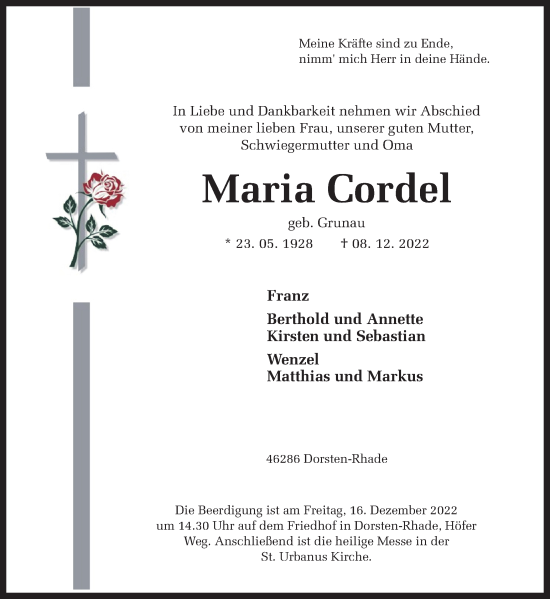 Traueranzeige von Maria Cordel von Ruhr Nachrichten und Dorstener Zeitung