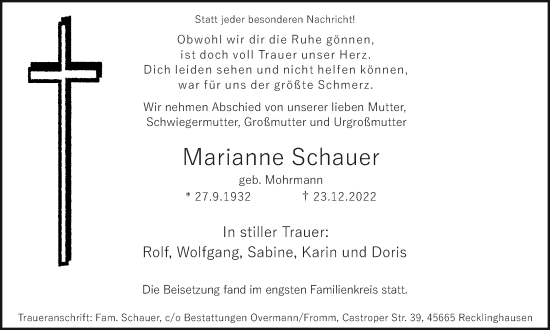 Traueranzeige von Marianne Schauer von Medienhaus Bauer