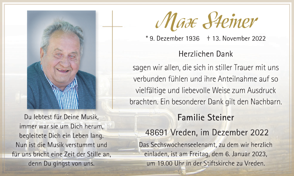  Traueranzeige für Max Steiner vom 31.12.2022 aus Münstersche Zeitung und Münsterland Zeitung