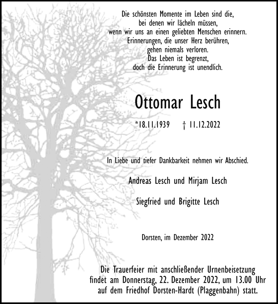  Traueranzeige für Ottomar Lesch vom 15.12.2022 aus Ruhr Nachrichten und Dorstener Zeitung