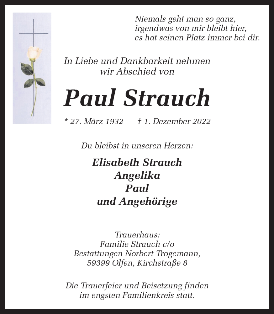  Traueranzeige für Paul Strauch vom 03.12.2022 aus Ruhr Nachrichten