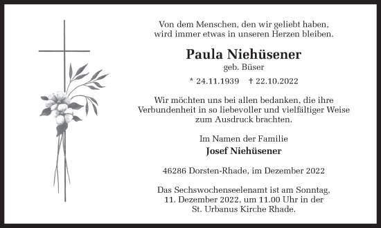 Traueranzeige von Paula Niehüsener von Ruhr Nachrichten und Dorstener Zeitung