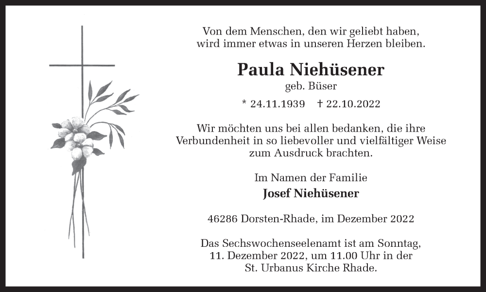  Traueranzeige für Paula Niehüsener vom 07.12.2022 aus Ruhr Nachrichten und Dorstener Zeitung