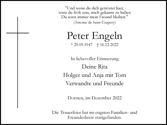 Traueranzeige von Peter Engeln von Ruhr Nachrichten und Dorstener Zeitung