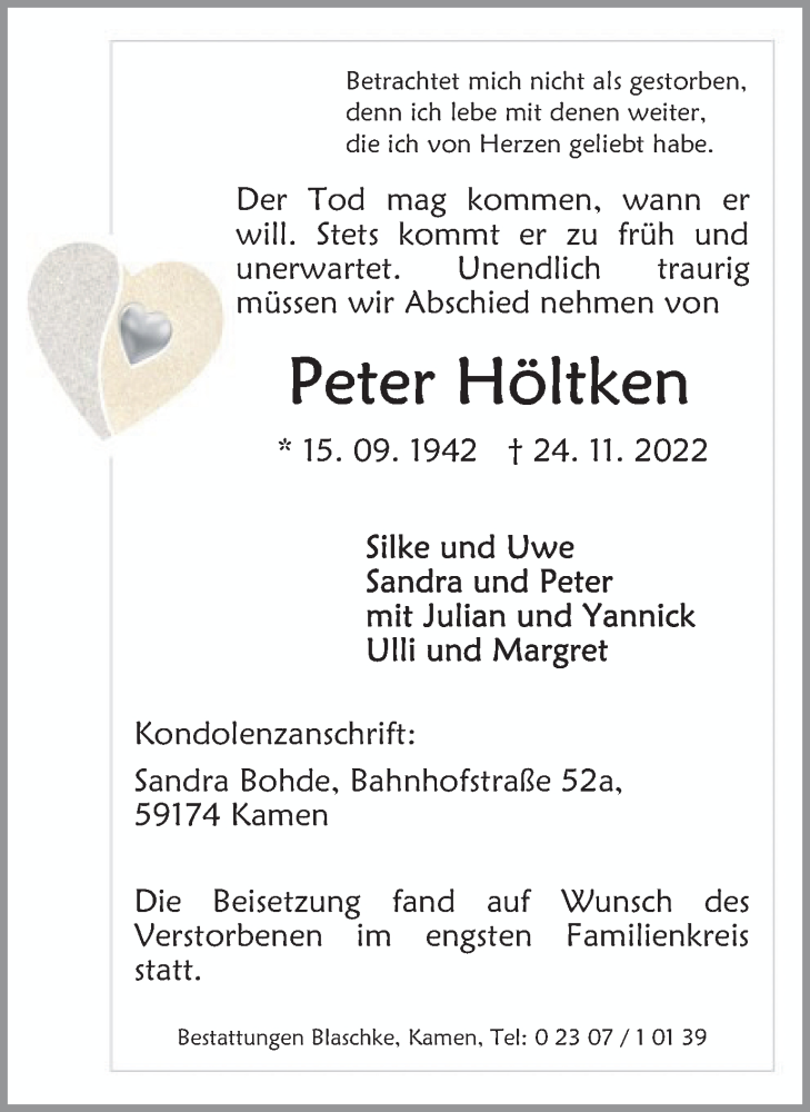  Traueranzeige für Peter Höltken vom 17.12.2022 aus Hellweger Anzeiger