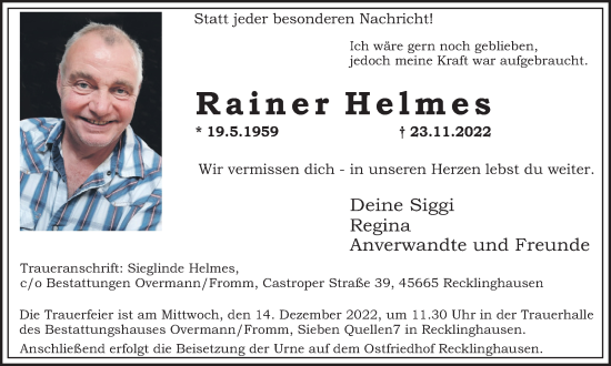 Traueranzeige von Rainer Helmes von Medienhaus Bauer