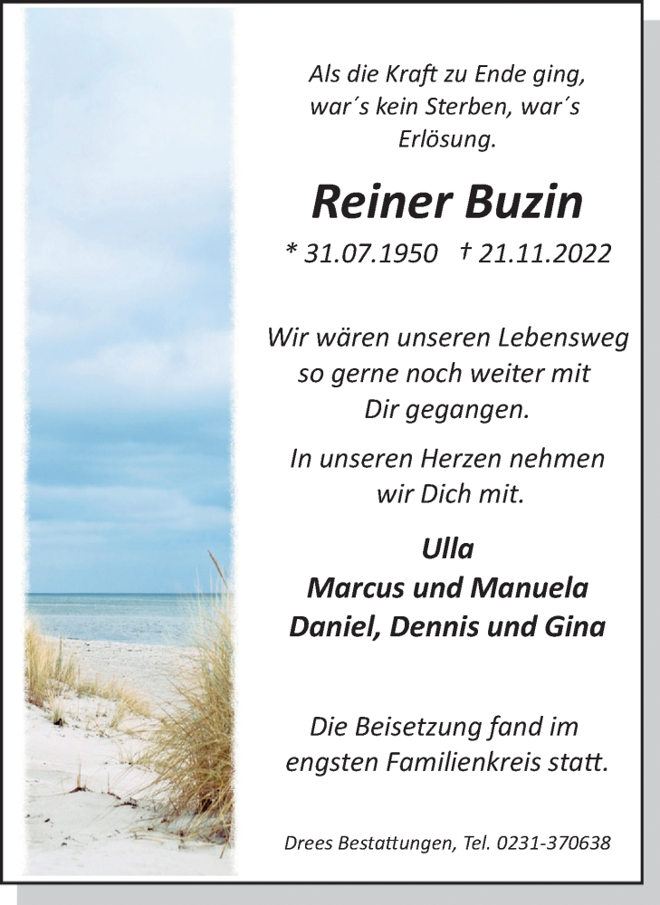  Traueranzeige für Reiner Buzin vom 10.12.2022 aus 