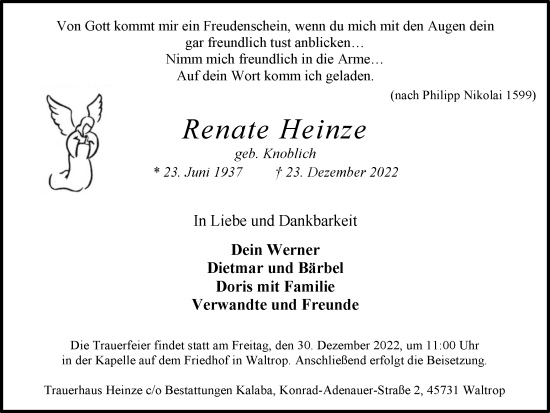 Traueranzeige von Renate Heinze von Medienhaus Bauer