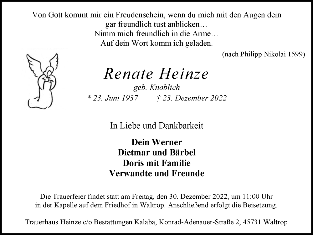  Traueranzeige für Renate Heinze vom 28.12.2022 aus Medienhaus Bauer