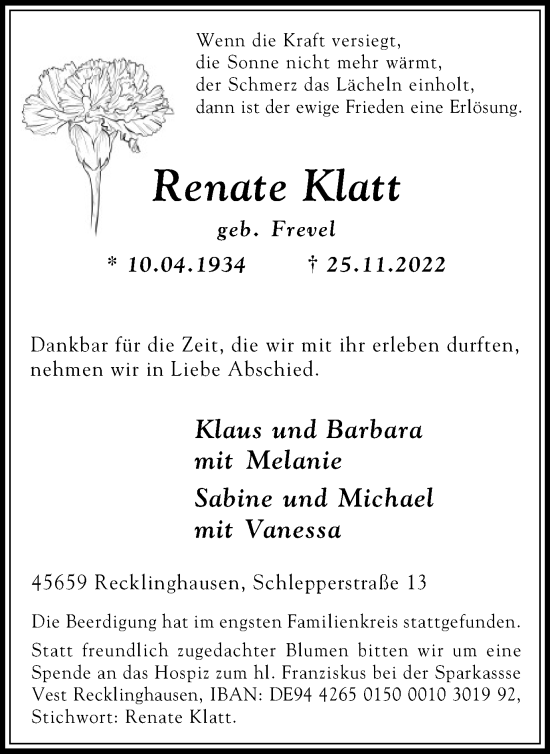 Traueranzeige von Renate Klatt von Medienhaus Bauer