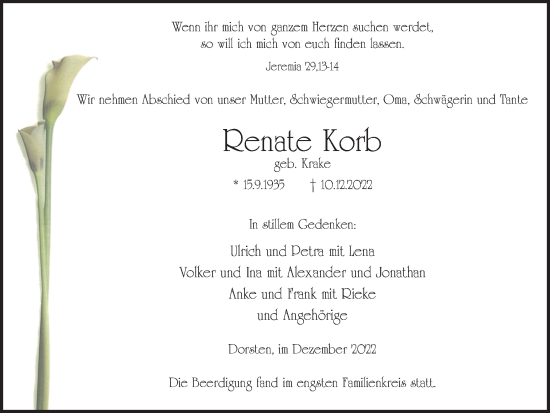 Traueranzeige von Renate Korb von Ruhr Nachrichten und Dorstener Zeitung