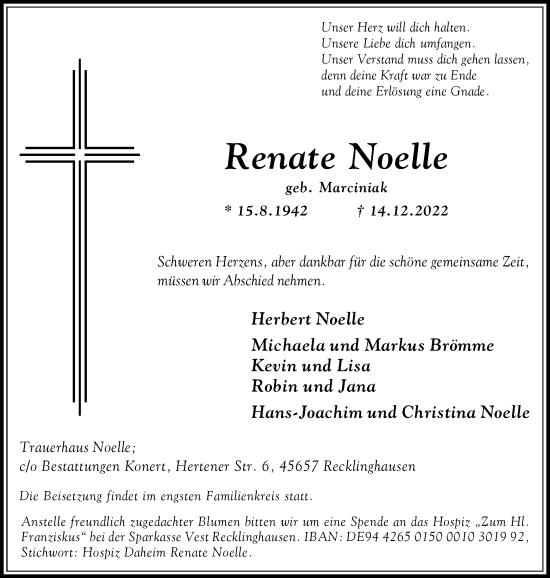Traueranzeige von Renate Noelle von Medienhaus Bauer