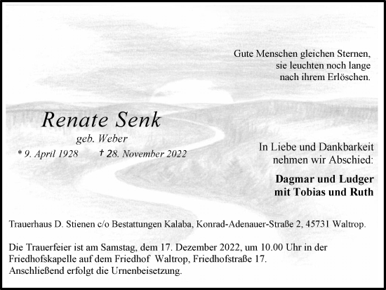 Traueranzeige von Renate Senk von Medienhaus Bauer