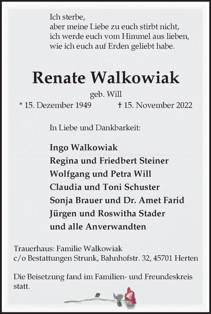 Traueranzeige für Renate Walkowiak vom 07.12.2022 aus Medienhaus Bauer