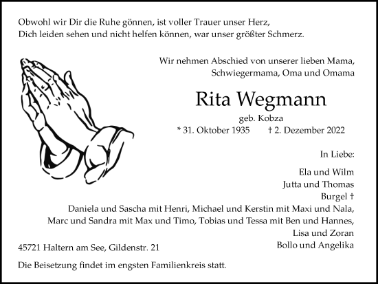 Traueranzeige von Rita Wegmann von Ruhr Nachrichten und Halterner Zeitung